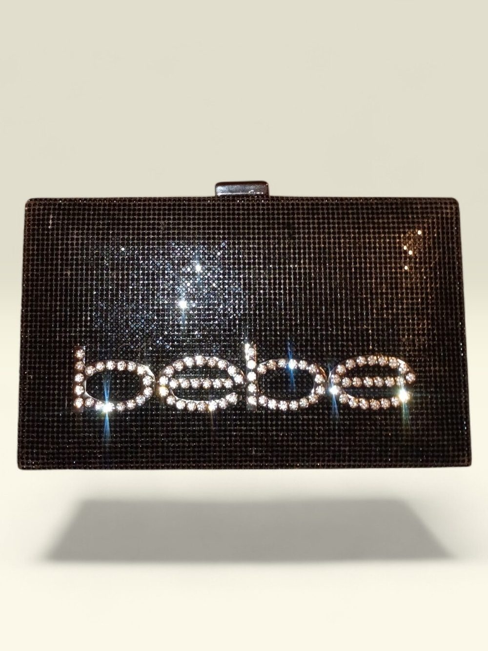 bebe Black Crystal Logo Evening Clutch with Rhinestone Logo